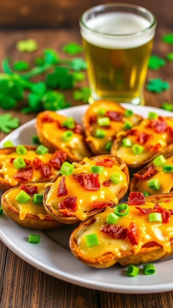 Crispy potato skins topped with cheese and bacon, garnished with green onions, on a festive St. Patrick